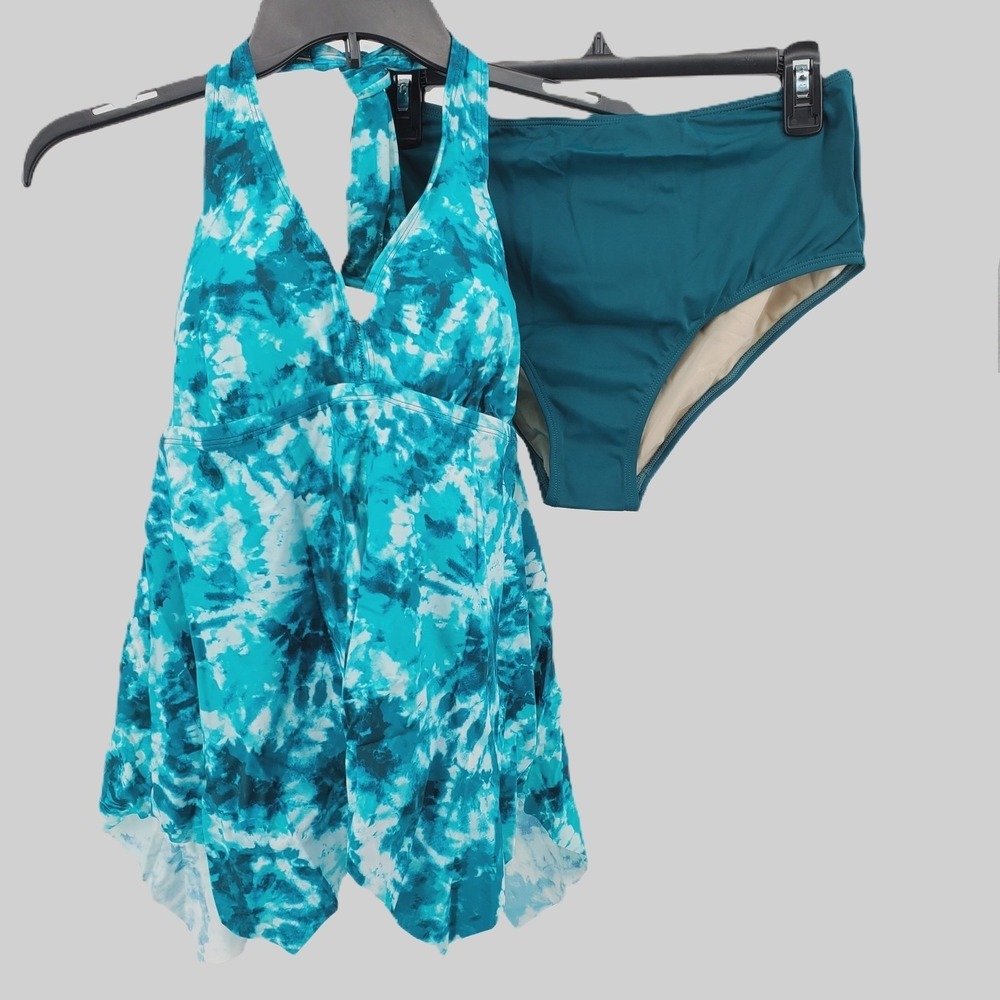 Kim Gravel x Swimsuits For All Tankini Swimsuit Set Teal Tie Dye Size‎ 12